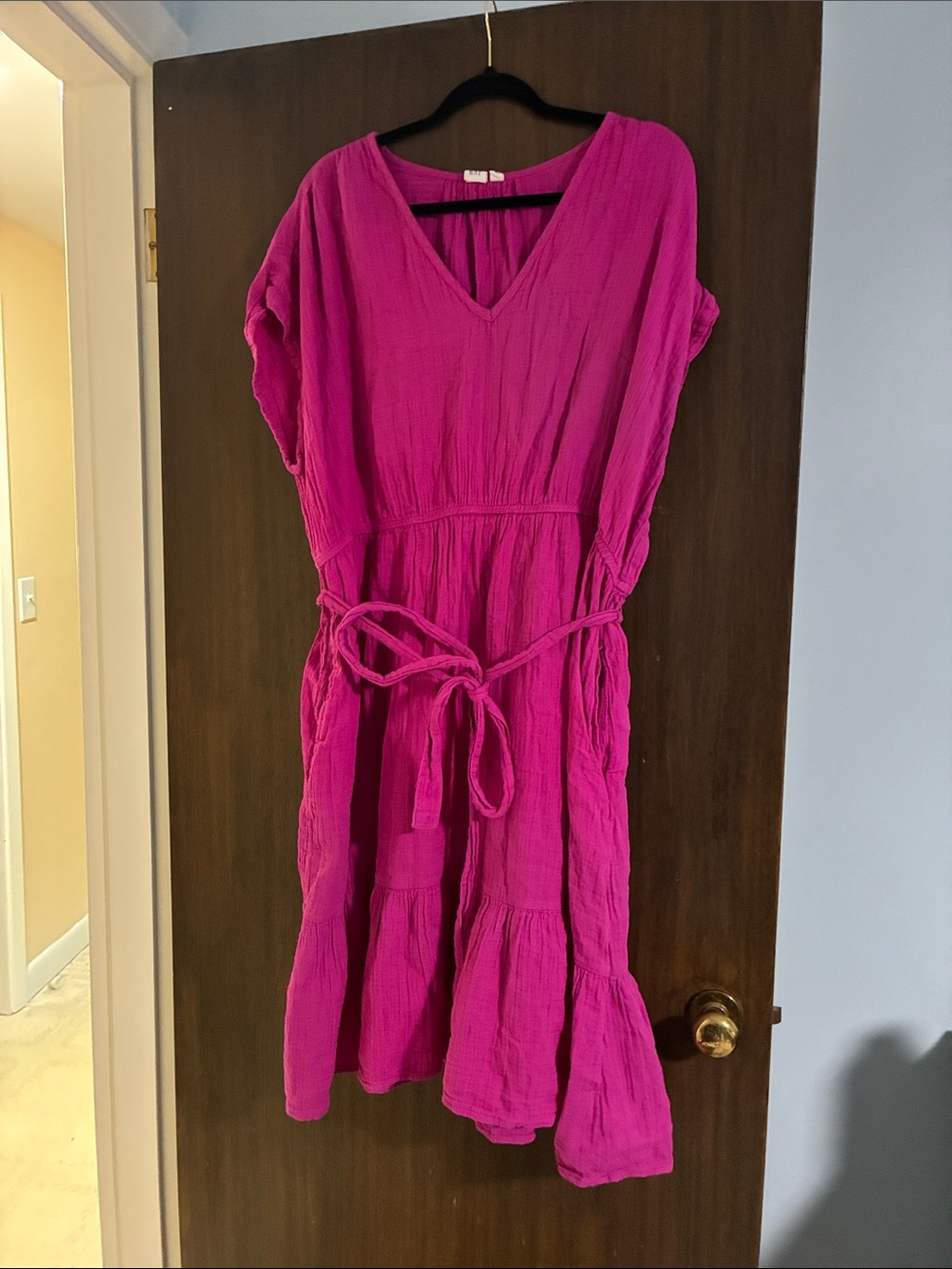 Women’s XXL Magenta V-Neck Cotton Dress with Waist Tie